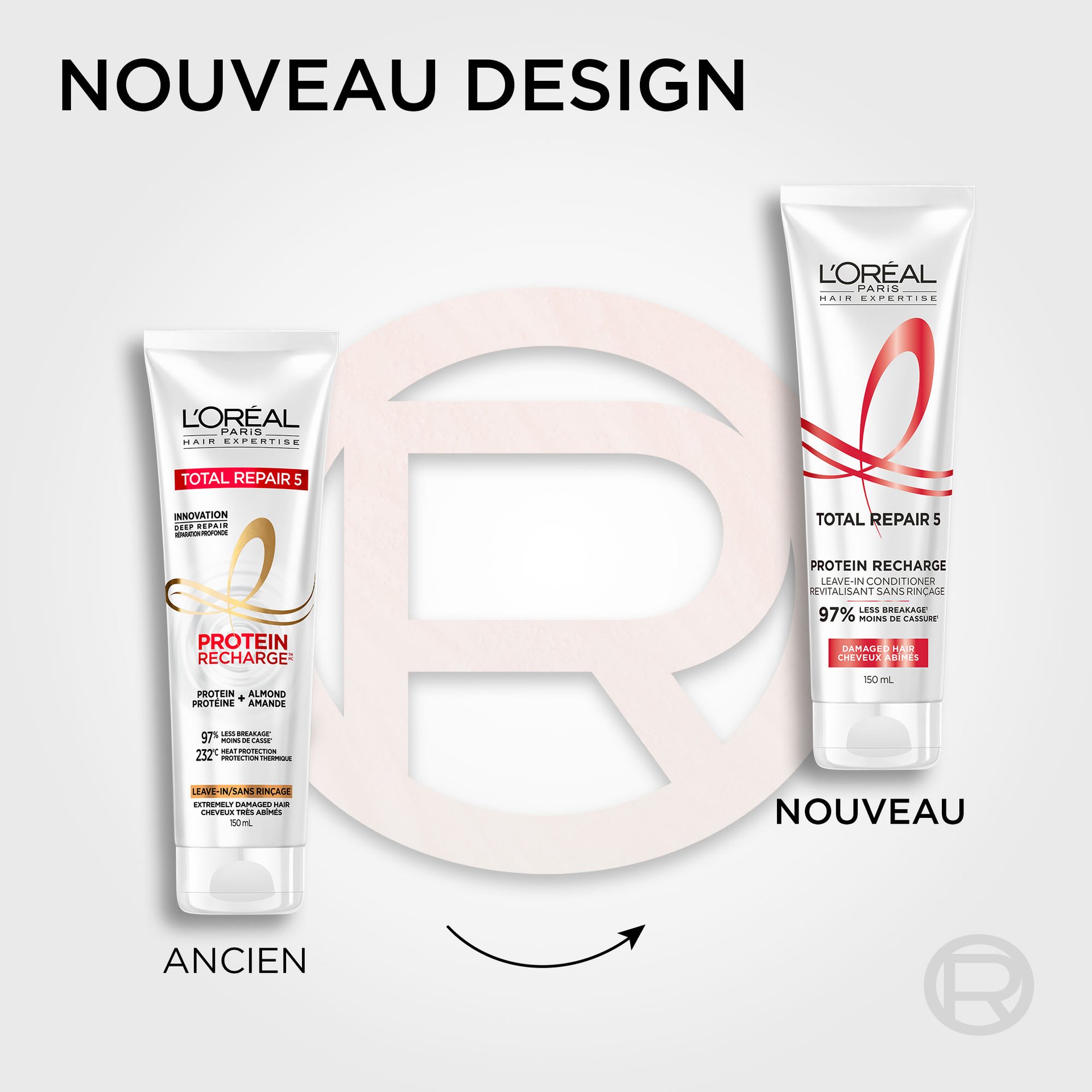 Nouveau et ancien packaging du revitalisant protein recharge